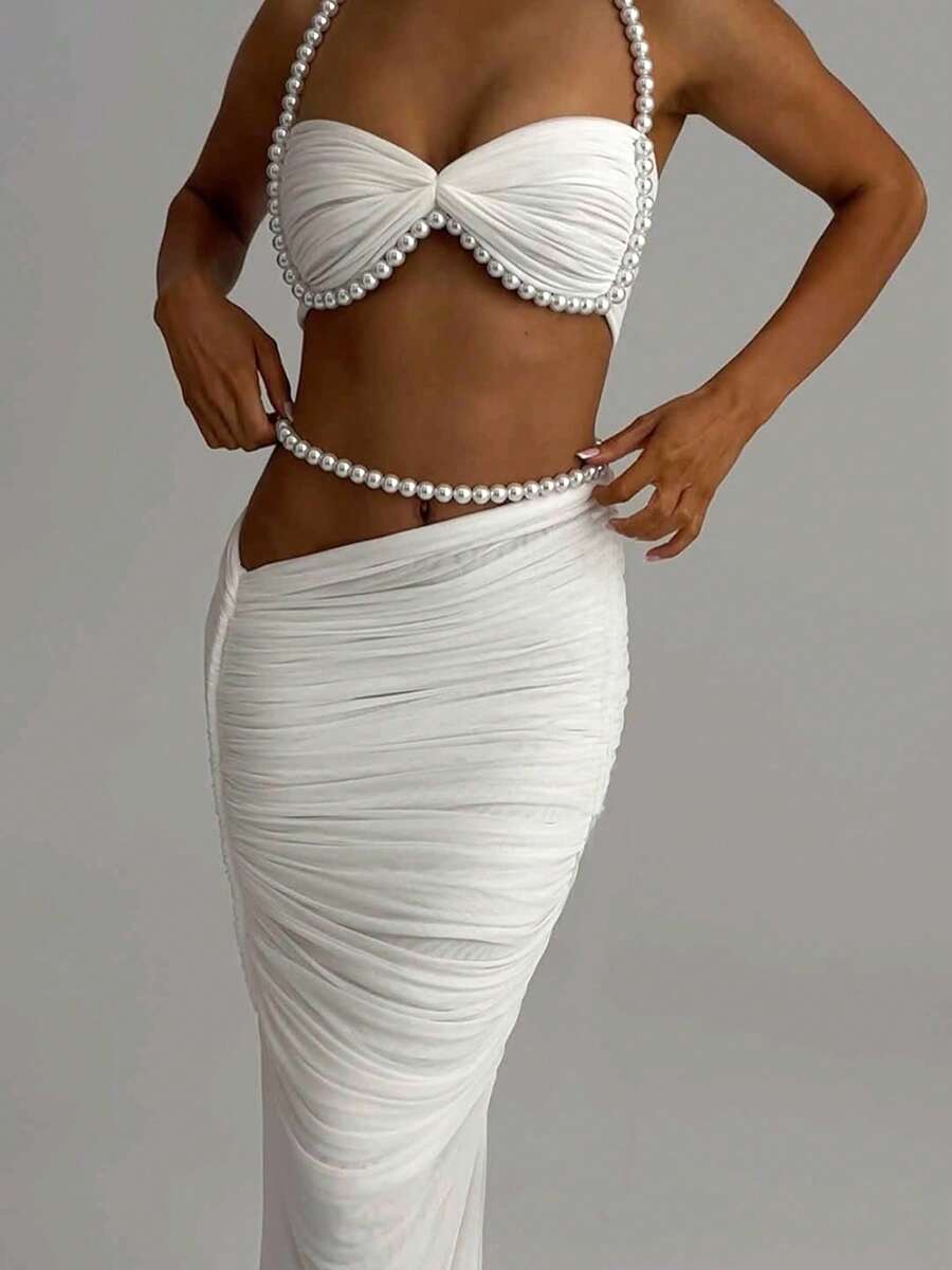 DOUCIU 2pcs Set Elegant Pearl Decor Backless Crop Top And Mini Skirt Suit