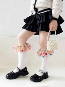 1/3 Pairs Colorful Rainbow Polka Dot Tulle Lace Trim Girls Socks, Black, White, Soft & Comfortable Knee-High Socks, Fashionable & Cute, Suitable For Dancing, Party, Daily Wear, Fits Ages 2-12, Holiday Gift - Multicolor - View 7