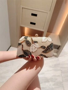 Bolso Moonlit Eve, Bolso bandolera floral multicolor, Bolso de fiesta con correa de cadena vintage, Mini bolso cuadrado, Adecuado para chicas de fiesta, novias, estudiantes universitarias, jóvenes profesionales, versátil para fiestas, bailes de graduación, bodas, combina perfectamente con accesorios de fiesta, patrón enviado al azar - Albaricoque - Ver 3