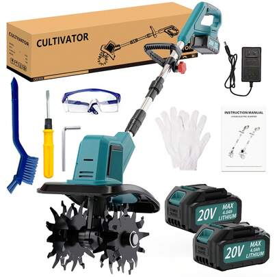 Cordless Electric Tiller For Gardening, Total 4.0Ah Battery Powered Mini Cultivator With 2*4.0AH Batteries, 10" Width, 9" Depth, 48 Steel Tines Rototiller For Soil Cultivation