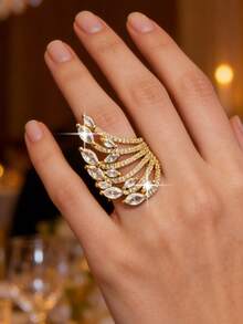 1pc Luxury Wing Cubic Zirconia Wedding Rings, Statement Multilayer Streamlined Ring For Dinner Party, Banquet, Red Carpet Look, Anniversary Jewelry Gift - Yellow Gold - View 2