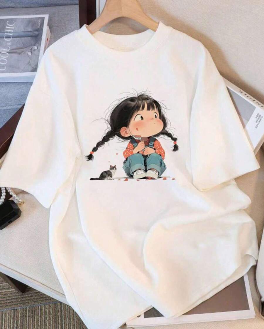 100% Pure Cotton Women's Short Sleeved Printed T-Shirt, Stylish Design, Niche Artistic Personality Round Neck Pullover, Comfortable And Casual, Suitable For Daily Leisure Vacation Soft Fabric - 白色 - 查看 1