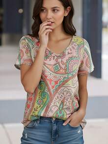 Women Boho Paisley Print V Neck Short Sleeve T-Shirt, Casual Loose Fit Vintage Tee Top, Bohemian Summer Daily Wear Blouse For Vacation - Multicolor - View 5