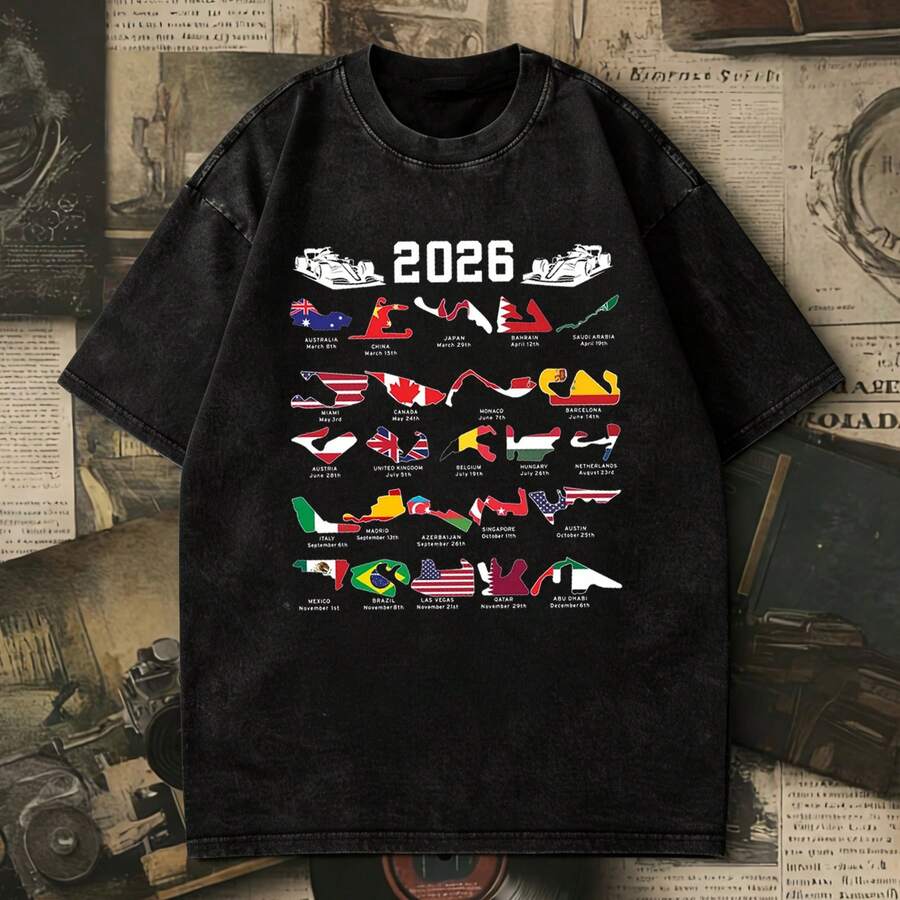 Vintage Washed 2026 F1 Calendar Race Tracks Graphic T-Shirt, Oversized Retro Formula1 Tee,Streetwear Casual Cotton Top. - 黑色 - 查看 1