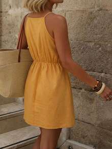 Women's Solid Color Tie-Waist Wrap Camisole Short Dress, Casual Vacation Elegant Style, Yellow, Suitable For Daily, Vacation, Outing Party Summer - Yellow - View 5