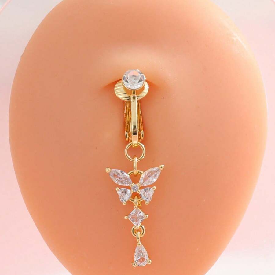 1件水钻蝴蝶肚脐环，女士仿穿孔饰品 - 金色穿孔白鑽 - 查看 1