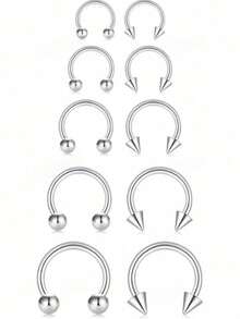 Bộ 10 khuyên septum bằng thép không gỉ màu bạc, kích thước 6/8/10/12/14mm, thiết kế dạng tạ tròn cong có ren ngoài, phù hợp với nhiều vị trí xỏ khuyên như môi, lông mày, vành tai, xoắn tai, sụn tai và sụn vành tai (hình cầu + đầu nhọn). - Bạc - Xem 1
