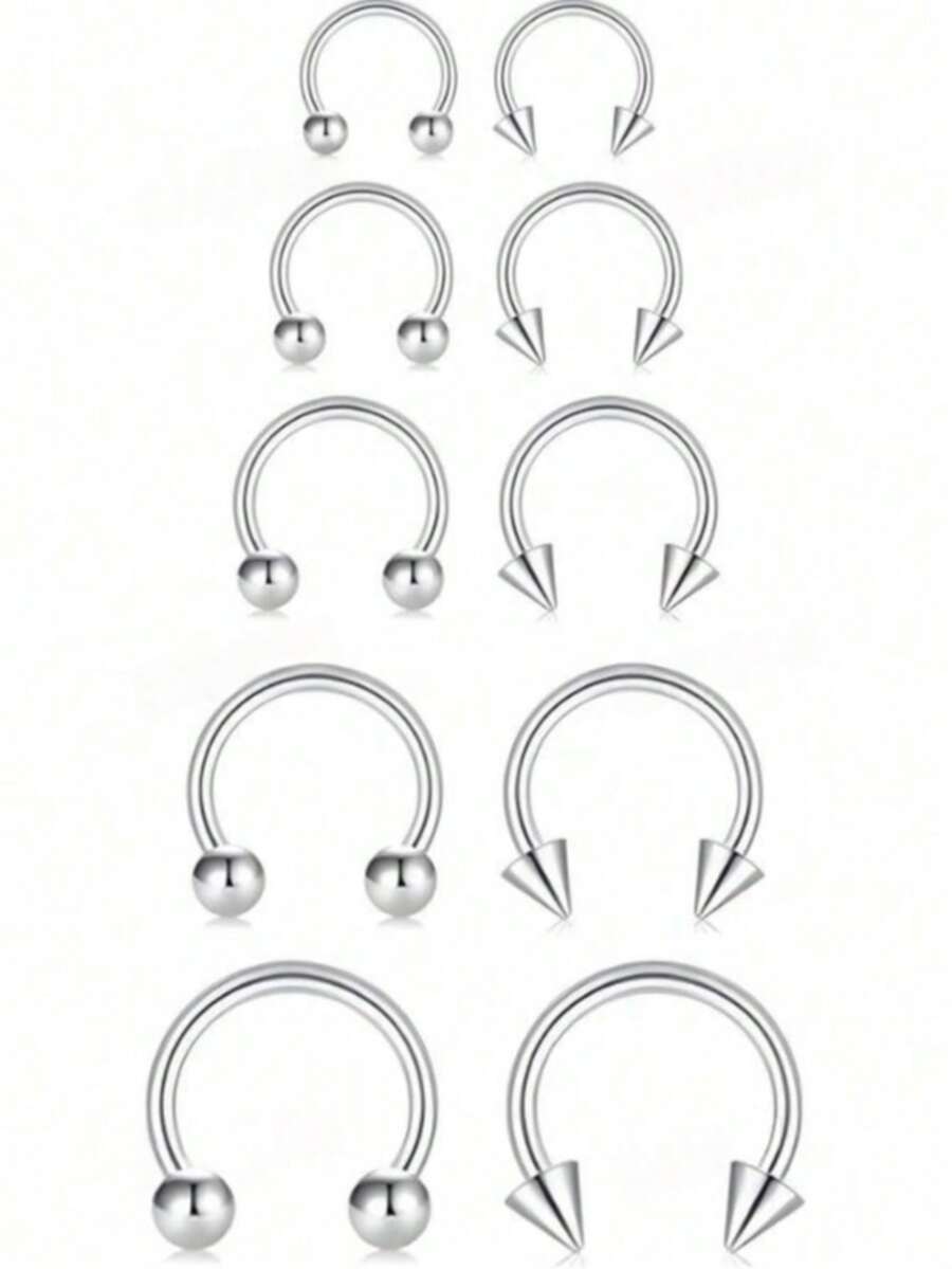Bộ 10 khuyên septum bằng thép không gỉ màu bạc, kích thước 6/8/10/12/14mm, thiết kế dạng tạ tròn cong có ren ngoài, phù hợp với nhiều vị trí xỏ khuyên như môi, lông mày, vành tai, xoắn tai, sụn tai và sụn vành tai (hình cầu + đầu nhọn). - Bạc - Xem 1