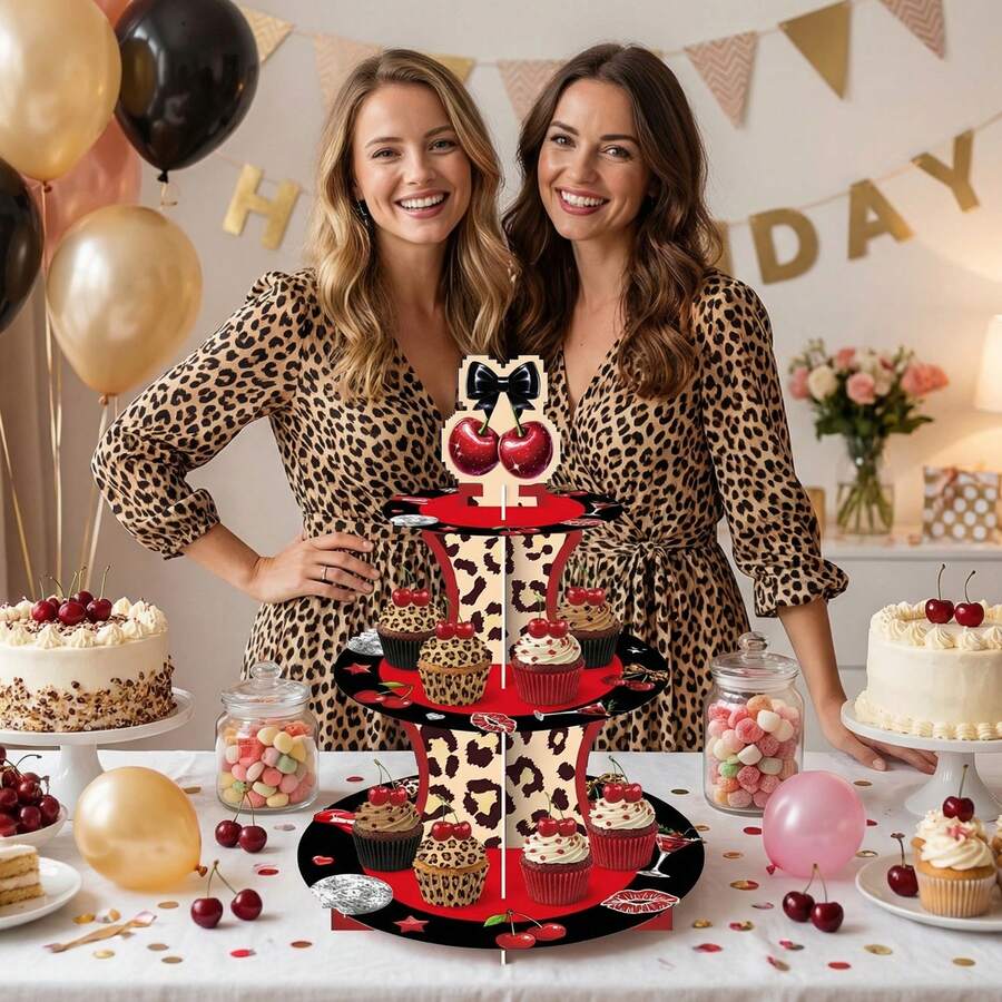 1pc Leopard Print Cherry Themed Cupcake Display Stand, Creative Paper Cupcake, Unique Small Gift & Holiday Decor, Candy Cupcake Display Stand, Party & Wedding - View 1