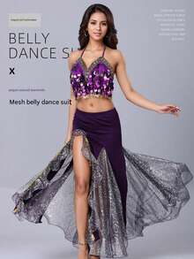 女士肚皮舞服装套装，包括露脐上衣、胸罩、臀巾和开衩裙，适合万圣节 - 彩色 - 查看 7