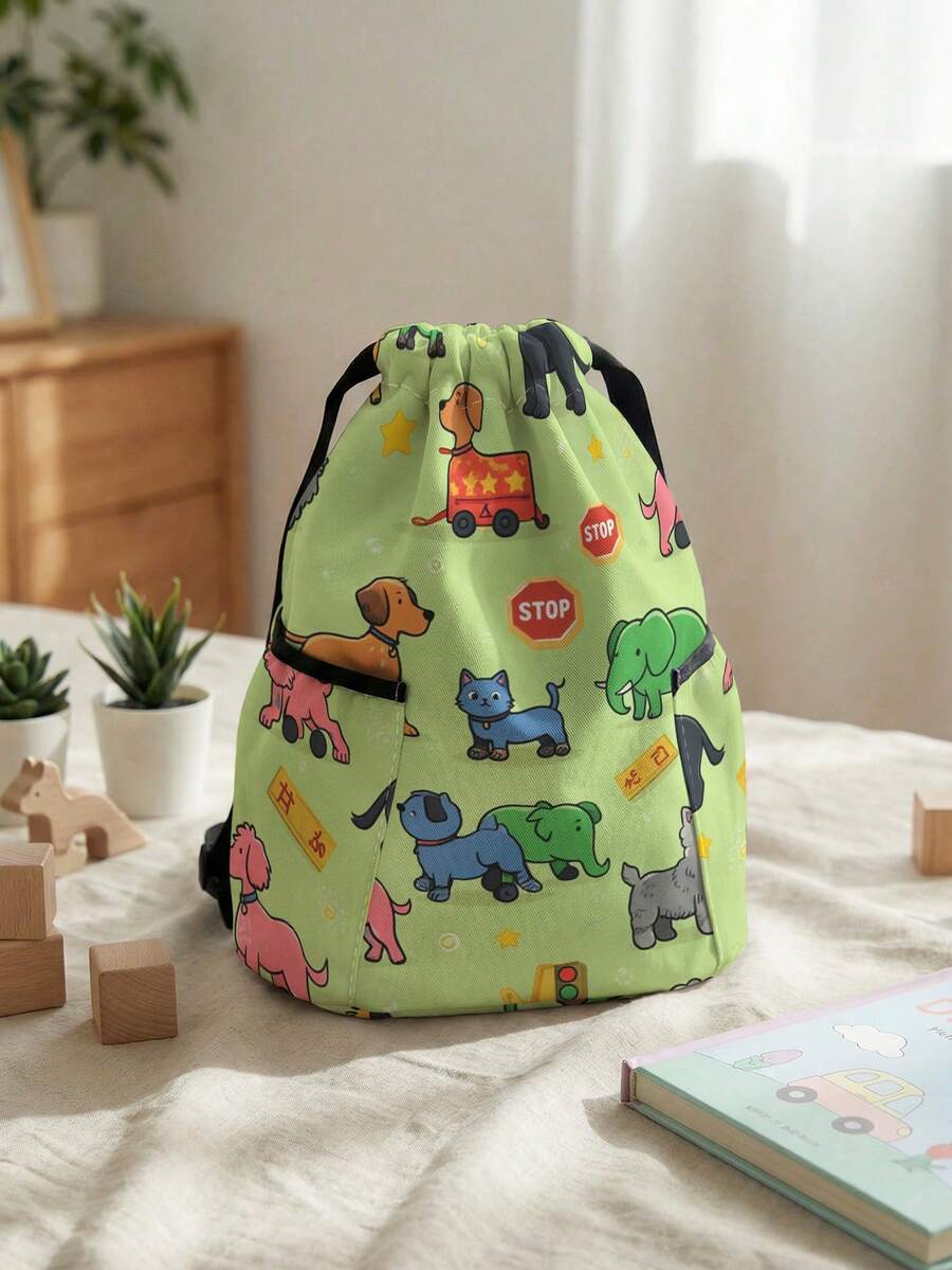 1pc Drawstring Closure Backpack, Multi-Scenario, Super Large Capacity, Ultra-Lightweight, Highly Attractive, Foldable Storage Bag, Cartoon Animal Print Drawstring Fitness Sports Backpack, Dust-Proof Storage, Suitable For Kids Outdoor, Fitness, Daily Commute And School Use - Multicolor - View 1