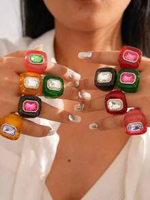 Colorful Asymmetric Acrylic Crystal Resin Ring, Exaggerated Large Candy Color Transparent Bubble Resin Ring, Fashionable Personalized Spring Party Jewelry, Y2K Millennium Style Accessory - Multicolor - View 2
