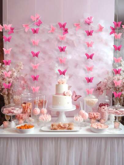 3Pcs 3D Butterfly Paper Garland For Wedding Decoration, Romantic Hanging Ornament & Birthday Party Backdrop Decor, Stylish Celebration Layout Prop; Suitable For Wedding Ceremony, Birthday Parties And Festive Event Scene Arrangement