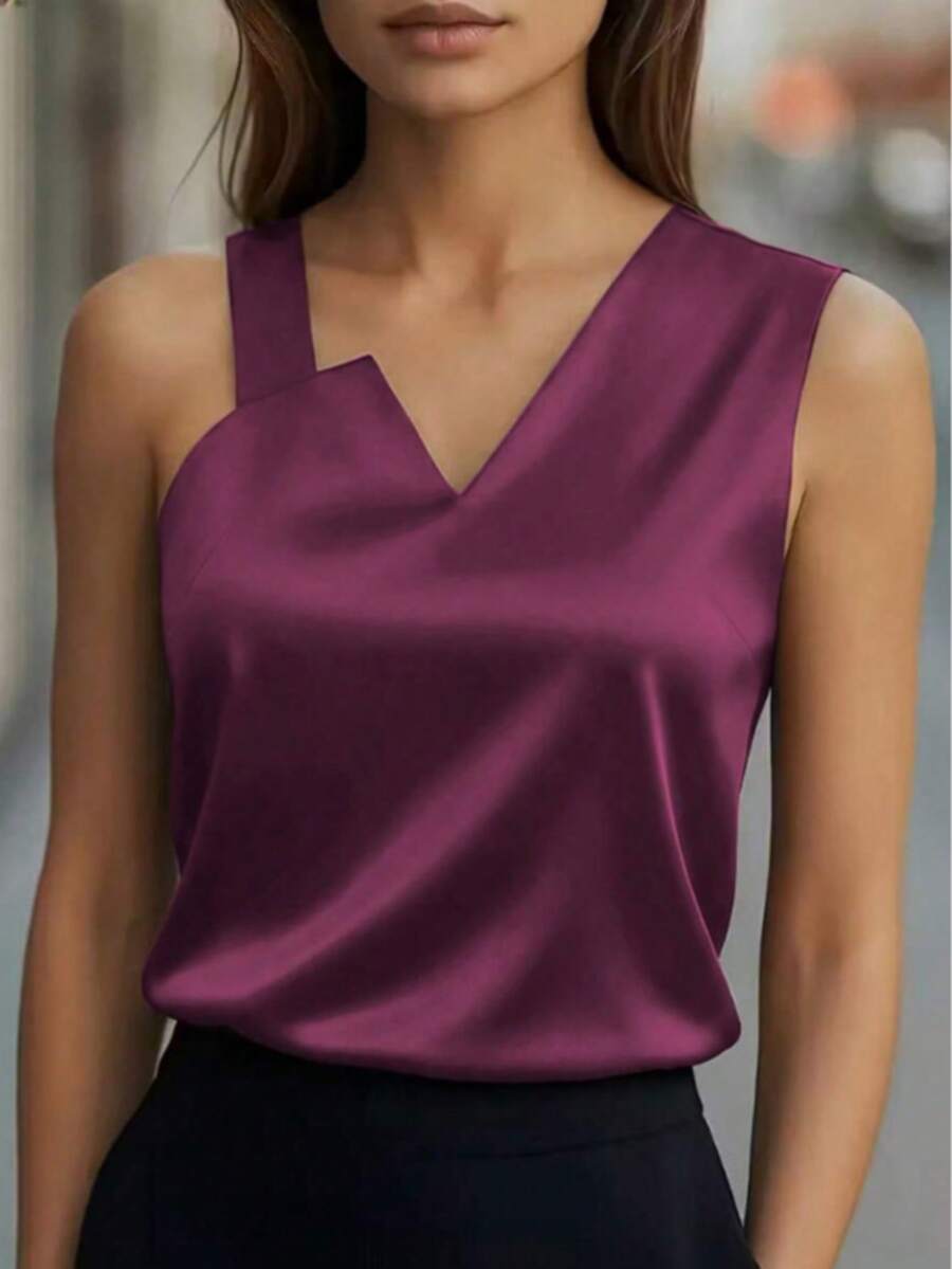 Women's Elegant Satin Sleeveless V-Neck Woven Blouse, Made Of Soft, Comfortable And Silky Fabric, Regular Length, Loose Fit, Suitable For Summer Wear Or Layering!