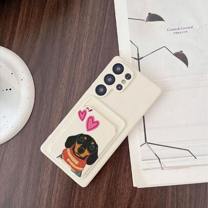 1 chiếc ốp lưng TPU màu trắng trơn tối giản mới, kiểu dáng 2 trong 1, tích hợp ngăn đựng thẻ, họa tiết hình cún con, chống rơi, chống trượt, bao phủ toàn diện điện thoại, tương thích với Apple.