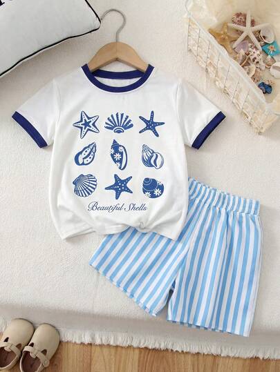 Bộ 2 món quần short ngắn tay kẻ sọc in hình vỏ sò và sao biển cho bé gái, thích hợp mặc thường ngày vào mùa hè.