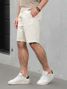 Men's Linen Tailored Bermuda Shorts, Off-White, Casual, Basic Chino Style With Pockets, Summer, Regular Fit, Pocket, Button, Drawstring, Daily, Weekend, Casual, Evening, Going Out, Christmas, Father's Day, Carnival, New Year's - 香檳色 - 查看 4