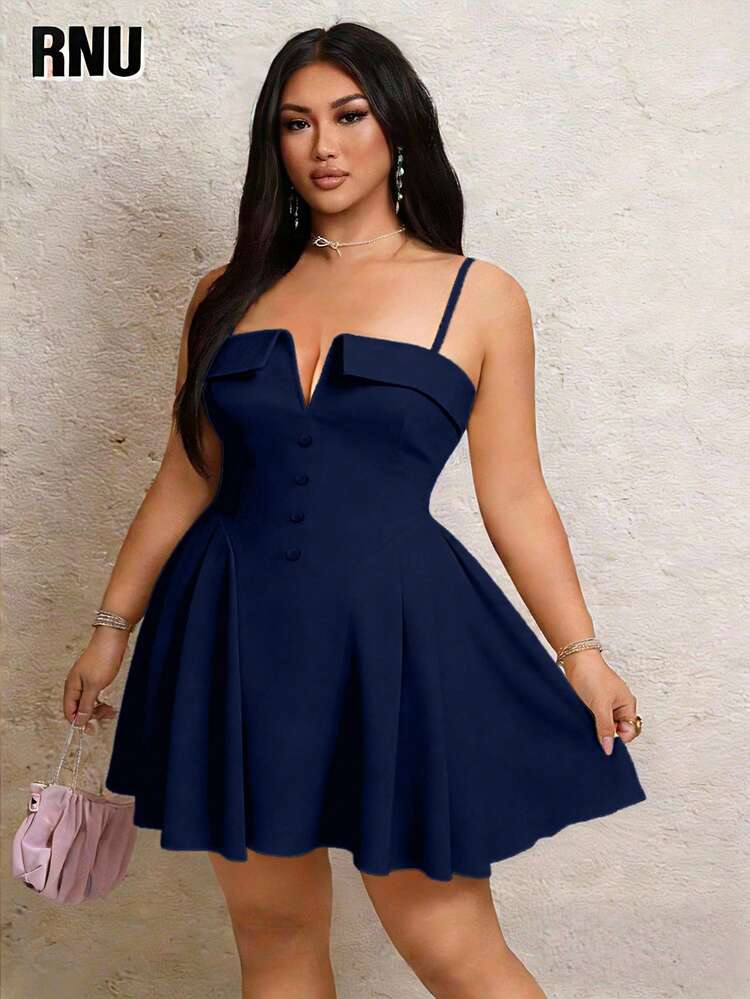 RNU 大码优雅纯色针织高弹连衣裙，腰部褶皱设计，A字裙摆，纽扣装饰，V领，适合女性度假、夏季、春季、情人节、海滩、约会、日常穿着，显瘦，时尚百搭，适合派对、2026年狂欢节等场合。 - 寶藍色 - 查看 2