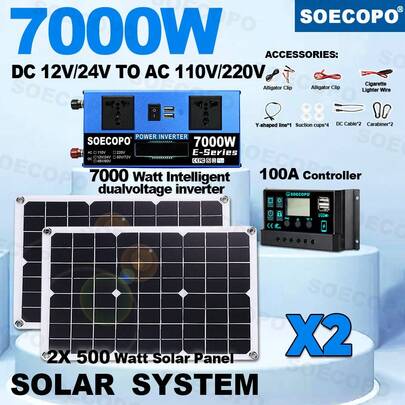 Bộ biến tần sóng sin 7000W năng lượng mặt trời | Biến tần hoàn chỉnh 12V/24V-110V/220V, 2 tấm pin mặt trời và bộ điều khiển 100A.