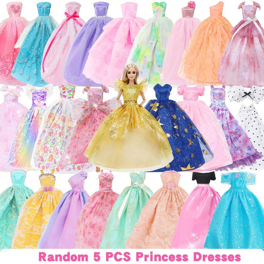 5件套公主裙套装，随机5件，包括舞会礼服、晚礼服、公主裙和各种薄纱裙，颜色随机，适合11.5英寸娃娃，逼真的换装玩具，绝佳的礼物选择（不含娃娃） - 彩色 - 查看 1