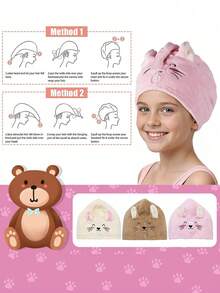 2个装超细纤维发帽，专为女孩设计 - 柔软、超强吸水、速干，带2个纽扣 - 防毛躁，适合浓密卷曲长发，猫咪图案 - 彩色 - 查看 5