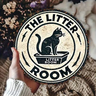 1pc Vintage "The Litter Room" Sign - Cat Themed Metal Wall Decor, Suitable For Home, Bar Or Farmhouse - Durable & Fun Retro Aluminum Engraved Room Plaque, For Indoor Or Outdoor Use, 7.87x7.87 Inches (Hole Position Random)
