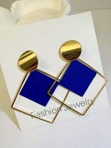 imoli 1 Pair Vintage Copper Geometric Square & Round Hoop Earrings For Women, Creative Gift - (The Square Pieces May Vary In Pattern Depth And Details Due To Batch Differences) - 9814-4-blue - View 5