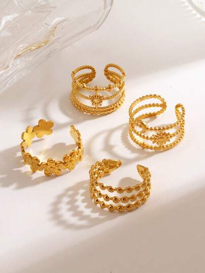 4pcs Stainless Steel Gold Star & Moon Knuckle Rings Set, Suitable For Daily Wear Or As Gift