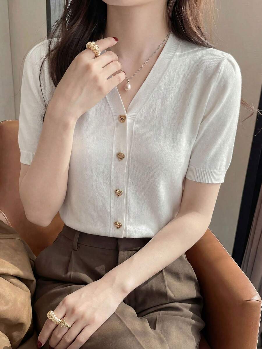Women's Knit Short Sleeve Cardigan, Puff Sleeve V-Neck Elegant Knit Top, Summer White - White - View 1
