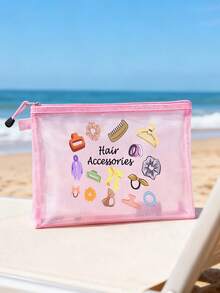 Multipurpose Mesh Cosmetic Bag With Colorful Cartoon Hair Accessories Pattern, Cute Clear See-Through Travel Makeup Pouch, Lightweight Breathable Zipper Toiletry Bag - Multicolor - View 6