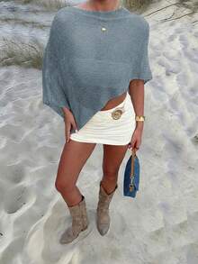 Áo len nữ kiểu dáng mới, trễ vai, hơi xuyên thấu, không tay, dệt kim bất đối xứng, thời trang thường ngày, gợi cảm, thích hợp cho tiệc bãi biển, mùa xuân/hè. - Màu xanh bụi bặm - Xem 3