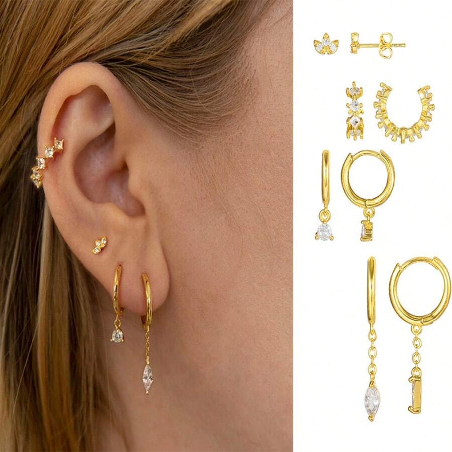 4对优雅水滴形吊坠耳环和圈形耳环套装，时尚珠宝，女士礼物 - TZ00118 - 查看 1