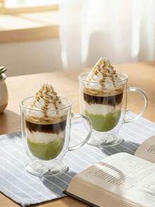 1个双层隔热冰淇淋玻璃杯，高硼硅耐热茶杯带把手，家用水杯 - 彩色 - 查看 1