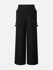 Women's Black Non-Stretch Polyester Wide Leg Pants With Utility Pocket Details - Black - View 3