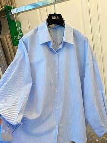 Women's Blue & White Striped Shirt, Loose Fit, Tie Back Design, Suitable For Commuting, Casual Wear, Beach, And Vacation Spring - Blue and White - View 3