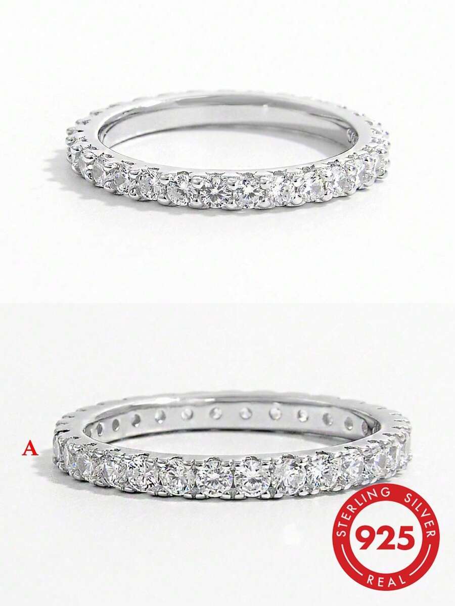 1 chiếc nhẫn tròn đầy bằng bạc 925 sáng bóng thanh lịch sang trọng cổ điển đính đá Cubic Zirconia, quà tặng thời trang cho phụ nữ khi hẹn hò, tiệc tùng, tiệc chiêu đãi, tôn lên nét quyến rũ - Vàng - Xem 1