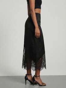 女士优雅时尚黑色不对称撞色蕾丝透视镂空性感曲线通勤半身裙，夏季 - 黑色 - 查看 4