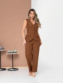 Elegant Plain Vest And Trousers Set C3302 - Rust Brown - View 1