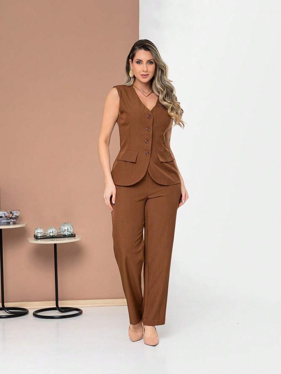 Elegant Plain Vest And Trousers Set C3302 - Rust Brown - View 1