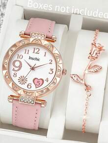 1pc Women's Fashion Minimalist Heart Quartz Watch With Diamond Number Dial + 1pc Heart Bracelet, As Valentine's Day Or Back To School Gift - Multicolor - View 11