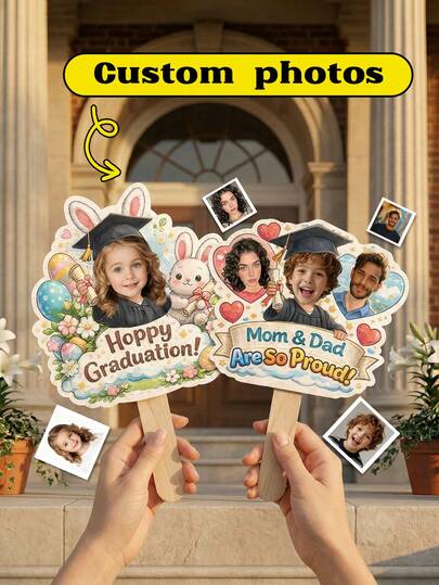 1pc Custom Photo Kindergarten Graduation Hand Fan – Personalized "Hoppy Graduation" / "Mom & Dad Are So Proud" Photo Prop | Cute Kindergarten Graduation Party Decor For Kids | Easter Bunny Graduation Gift, Proud Mom Dad Gift
