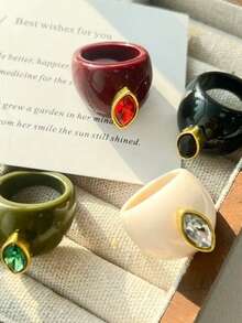 Bộ 4 chiếc nhẫn nhựa hình học thời trang, thiết kế tối giản độc đáo với đá pha lê màu đen, đỏ, xanh lá cây, trắng, phù hợp để đeo hàng ngày, dự lễ hội và tiệc tùng. - Nhiều màu - Xem 4