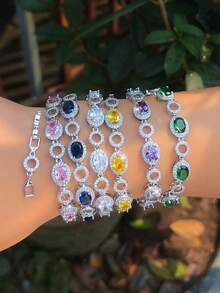 1pc Silver Plated White, Pink, Blue, Green Oval Cubic Zirconia Round Link Chain Tennis Bracelet, Women's CZ Crystal Geometric Bridal Jewelry For Wedding, Engagement, Banquet, Party, Prom, Brides, Bridesmaids, Ladies Gift - 1pcs Bracelet - View 2