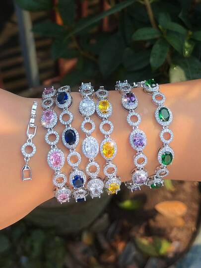 1pc Silver Plated White, Pink, Blue, Green Oval Cubic Zirconia Round Link Chain Tennis Bracelet, Women's CZ Crystal Geometric Bridal Jewelry For Wedding, Engagement, Banquet, Party, Prom, Brides, Bridesmaids, Ladies Gift