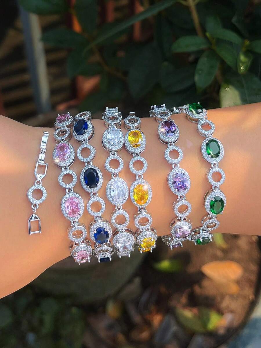 1pc Silver Plated White, Pink, Blue, Green Oval Cubic Zirconia Round Link Chain Tennis Bracelet, Women's CZ Crystal Geometric Bridal Jewelry For Wedding, Engagement, Banquet, Party, Prom, Brides, Bridesmaids, Ladies Gift