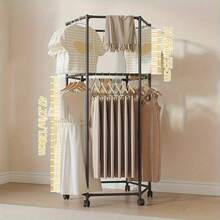 Perchero con Ruedas Giratorio 360°, Organizador de Ropa de Pie con Estante y Ganchos, Perchero de Metal para Dormitorio, Lavandería y Balcón - Negro - Ver 5