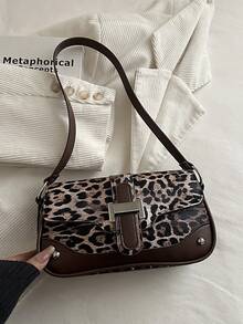 Nova bolsa de mão com estampa de leopardo e detalhes em tachas, perfeita para festas, passeios, férias, compras e uso diário. Ideal para guardar moedas e celulares, também perfeita como bolsa de trabalho para executivas, estudantes universitárias e funcionárias de escritório. Uma bolsa feminina elegante. - Café - Ver 2