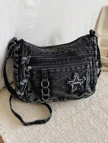 New Chic Casual Shoulder Bag Made Of Soft, Multi-Layered Denim With Multiple Pockets, Versatile, Suitable For Work, Shopping And Travel. - Hot Pink - View 5