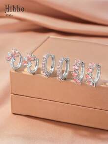 6pcs/Set Minimalist Sparkling Cubic Zirconia Embedded Floral, Geometric, Heart Hoop Earrings Set, Cute Pink Luxury Jewelry Gift - Pink - View 9