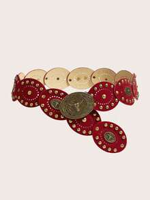 1 pieza Cinturón de mujer con estilo boho occidental con cabeza de toro roja en parches, adecuado para otoño, invierno, primavera, vaqueros, Halloween, faldas, vestidos largos, fiestas, galas, atuendos - Cabeza de Red Bull - Ver 7